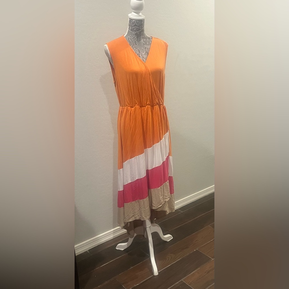 Sleeveless Orange Colorblock Midi Dress with Pink & Cream Stripes